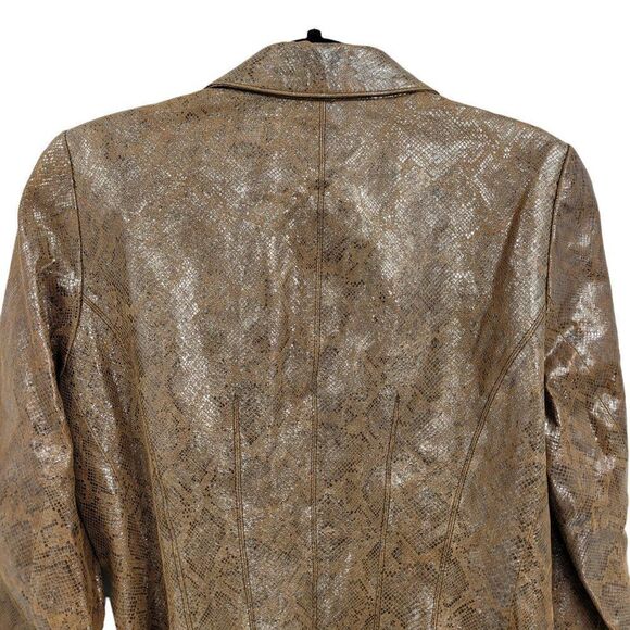 Vtg 90's Designer Vakko Blazer Leather Jacket Metallic Snake Print Mustard Sz 12 - Picture 9 of 10